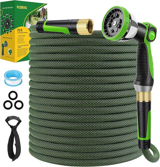 Non-Expandable Garden Hose 75 FT, Lightweight Hose with 10 Function Spray Nozzle, Kink-Free Flexible Water Hose, Durable, Leak-Proof, 360° Swivel Connectors, Portable Storage Strap