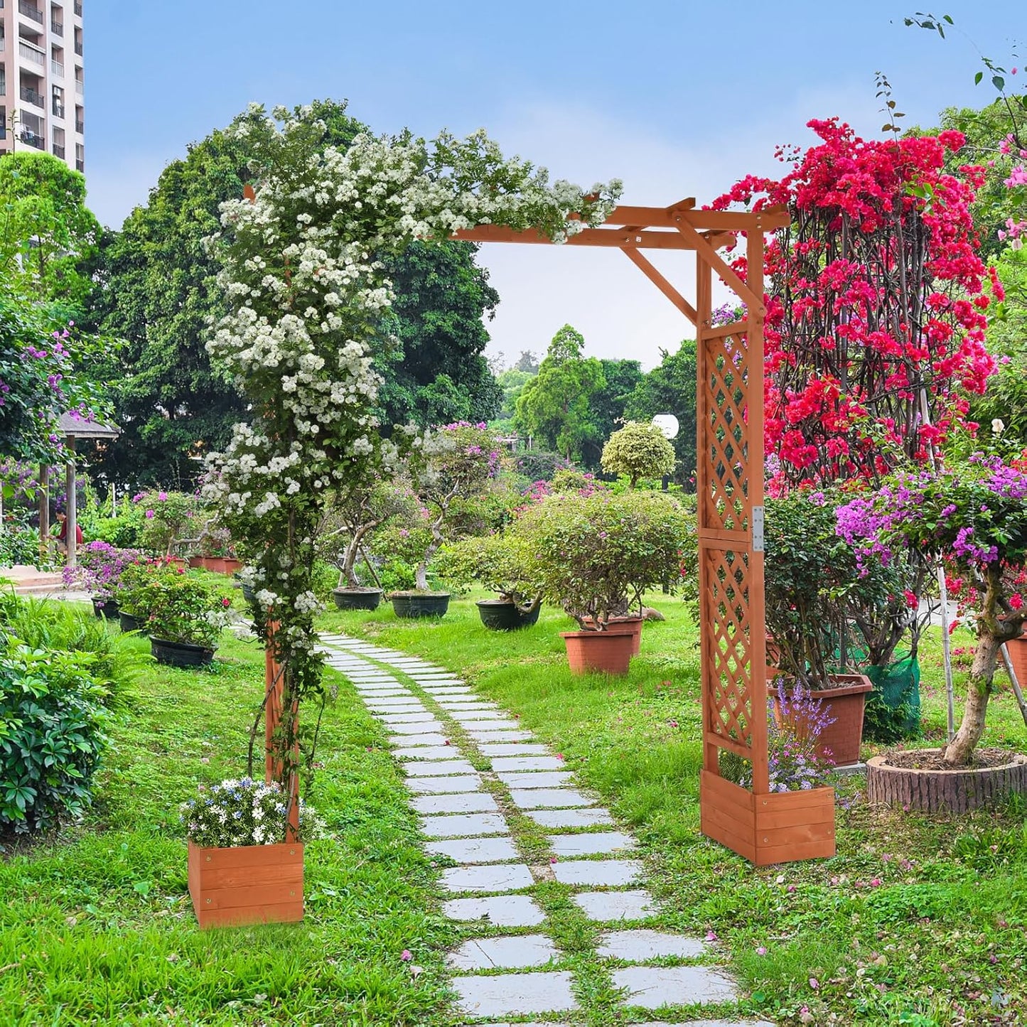 VINGLI Wooden Garden Arbor with Planter, Wedding Arch for Ceremony, Wood Garden Arbour Trellis for Plant Climbing, Pergola for Garden Backyard, Lawn, Outdoor