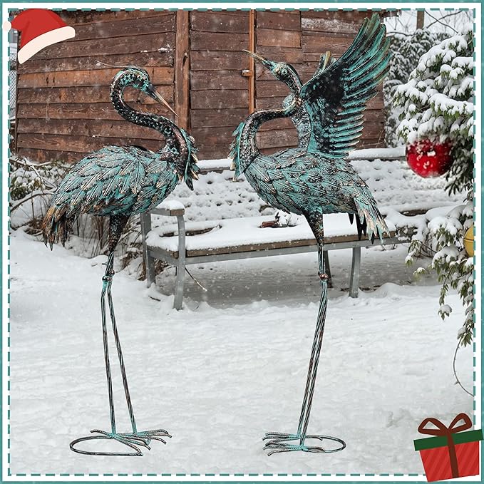 Garden Statues Large Metal Crane Sculptures, Outdoor Heron Metal Statue Yard Art for Garden Decor, Realistic Bird Art for Outdoor Decor, Standing Lifelike, Water&Rust-Proof, Set of 2 Bronze