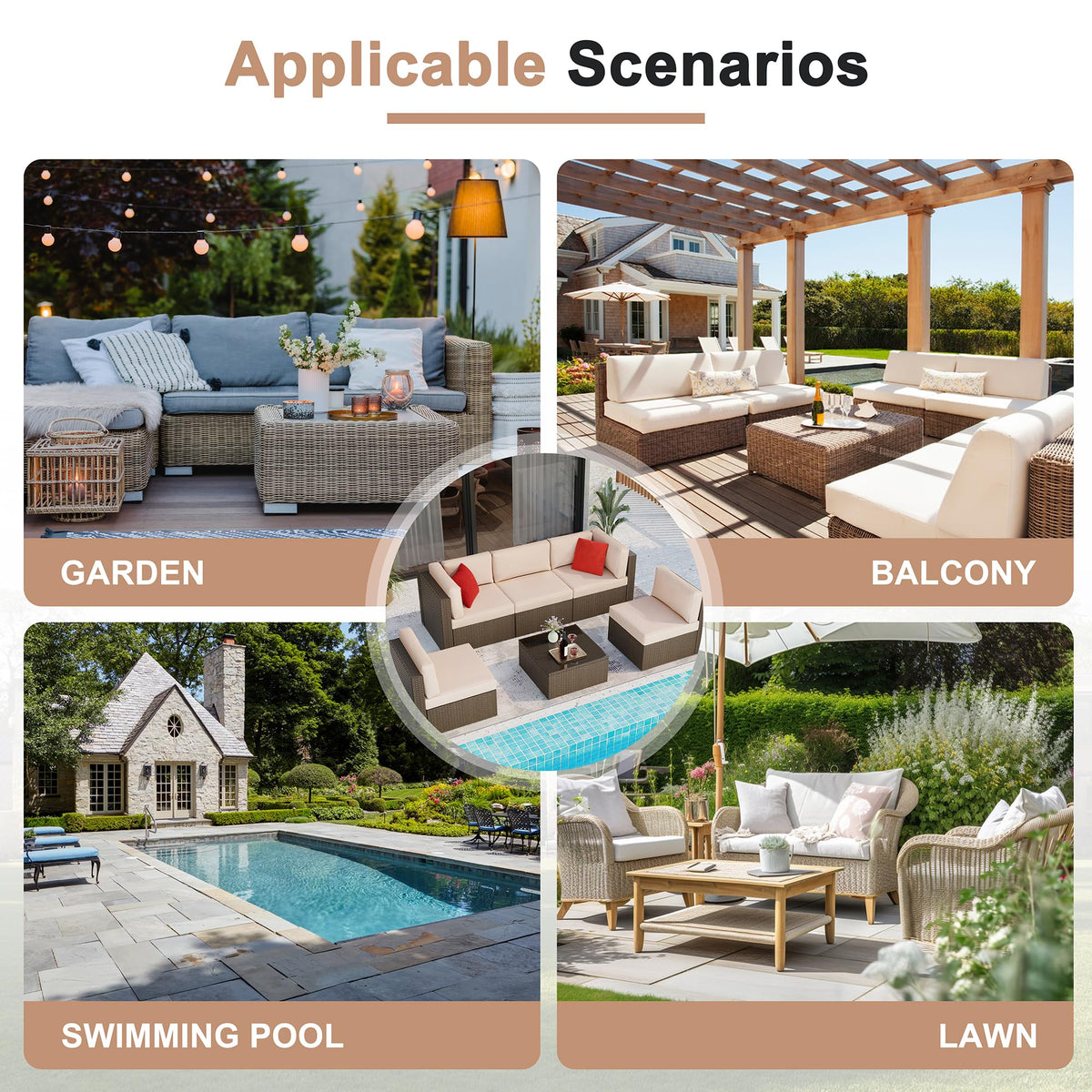 6 Pieces Patio Furniture Set Outdoor Couch Wicker Sectional Sofa (Beige / 6 pcs)