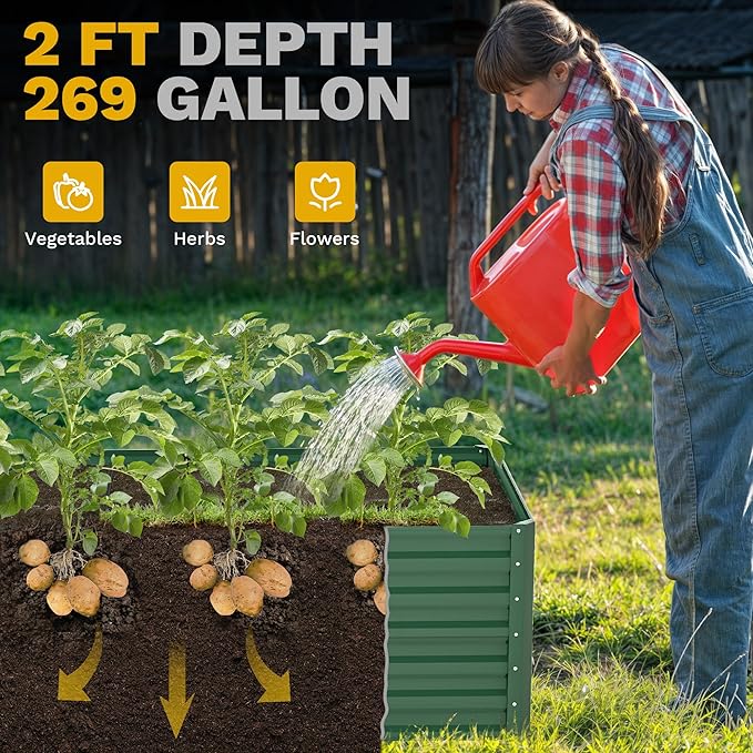 DWVO 2pcs 6 x 3 x 2 FT Raised Garden Bed Kit, Outdoor Galvanized Flower Bed with Gloves, Large Metal Planter Box for Vegetables, Flowers, Herbs, Fruits, Green