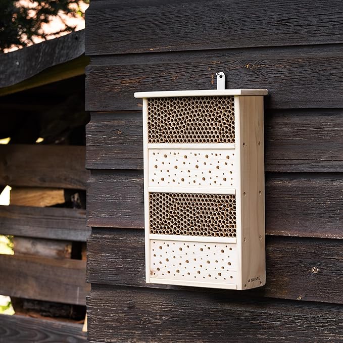 Navaris Bee House for Garden - 10.2" x 15.8" Bee Hotel for The Garden - Nesting Tubes Box with Holes for Carpenter Bees, Pollinating Bees, Mason Bees