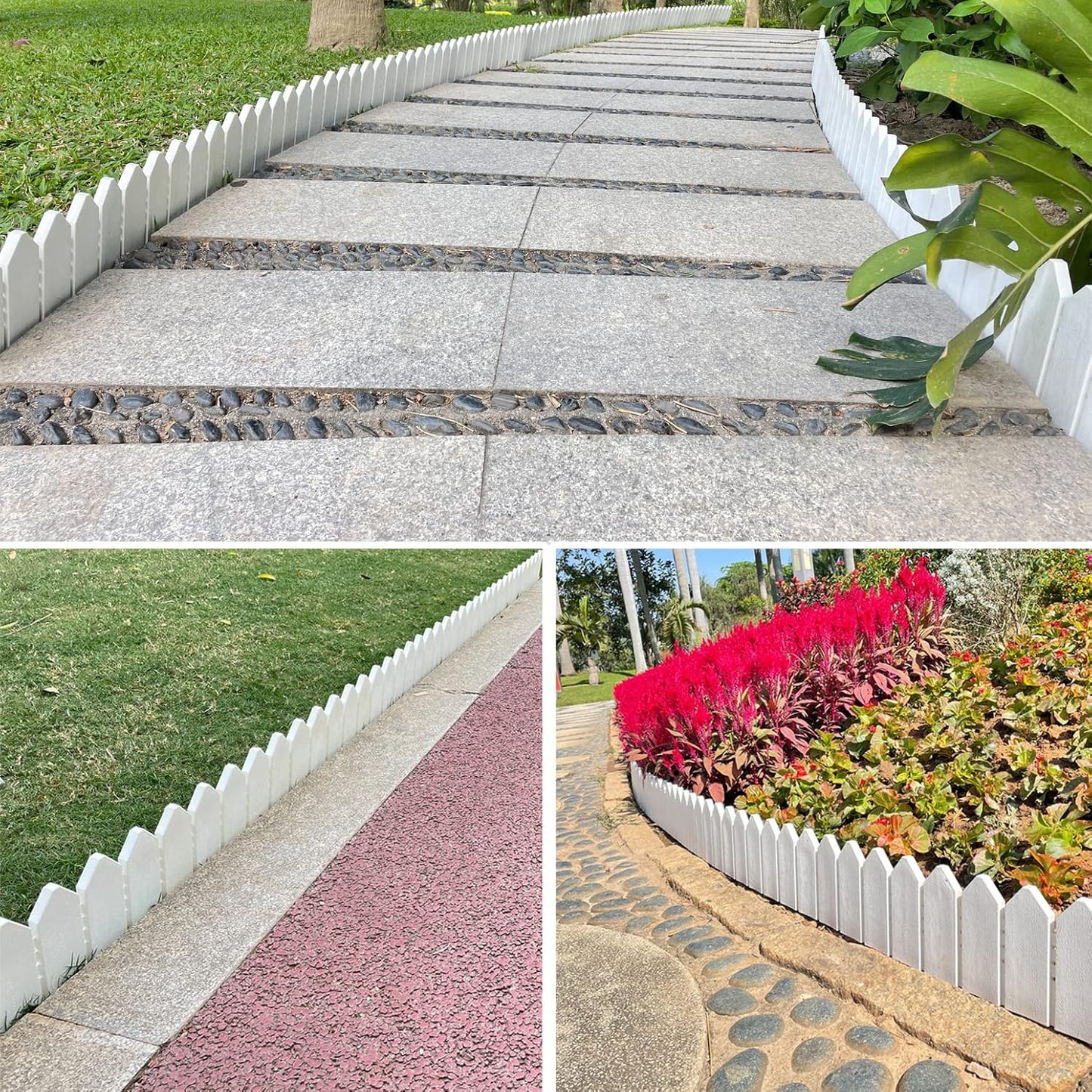 Garden Edging Border Kit 6.7 in Tall Decorative Double-Sided Wood-Look Fence Garden Border, Flower Bed Edging with 20 Anchoring Spikes, 9.3 Foot Kit (White)