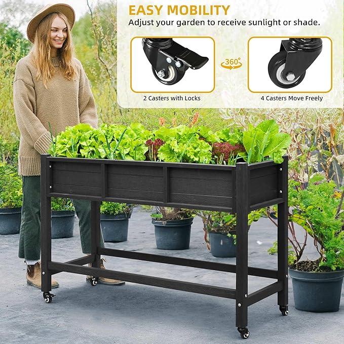 DWVO 47x18x31in Raised Garden Bed HDPE, Weather-Resistant Poly Wood Planter Box Stand, Planter Box with Legs & Lockable Wheels, Elevated Garden Bed for Backyard Patio Balcony - Black