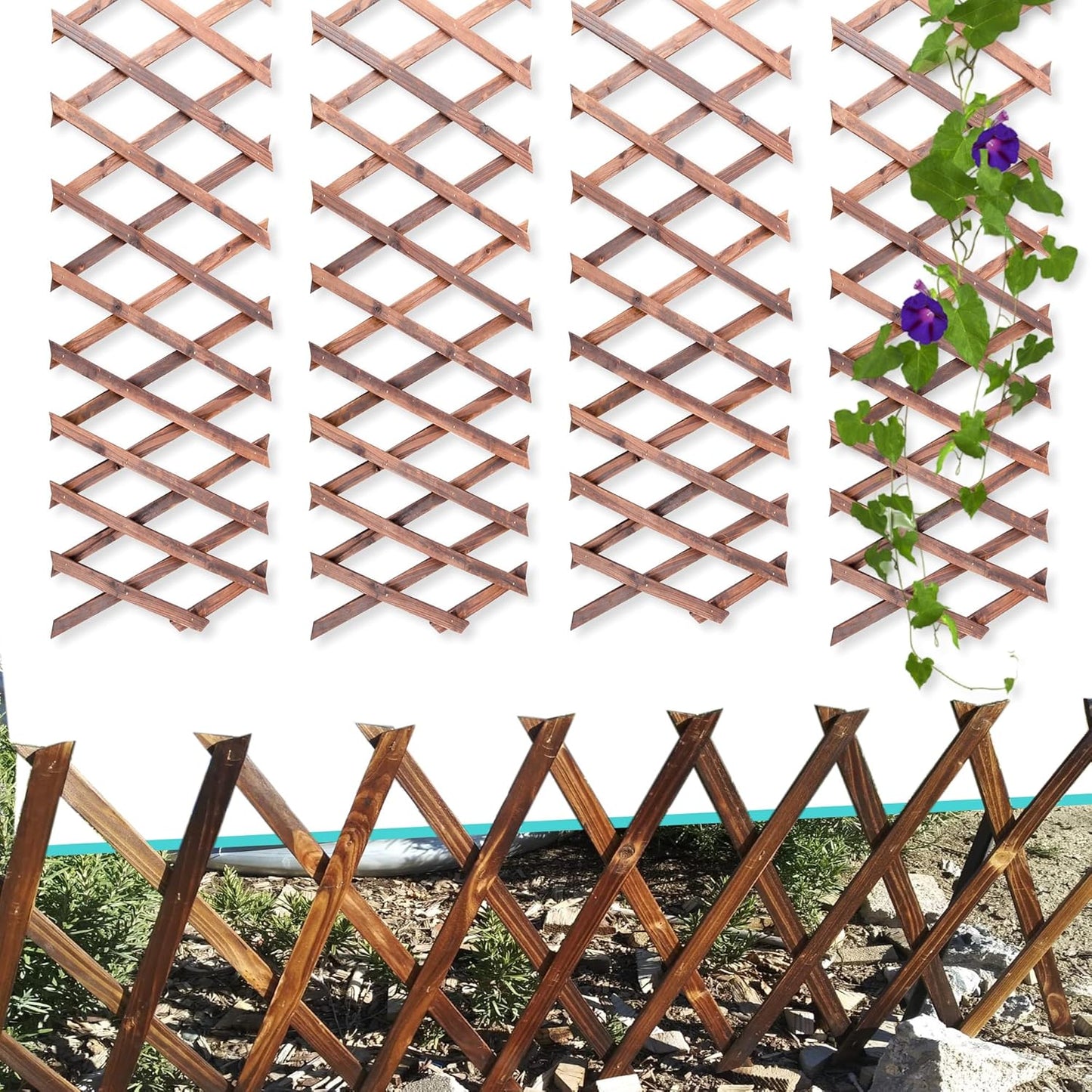 Wooden Lattice Panels for Outside 4Pack, 75"x11.8" Expandable Wood Lattice Fence Wall Garden Trellis Frame for Climbing Plants Outdoor Vine Ivy Rose Patio Room Decorative