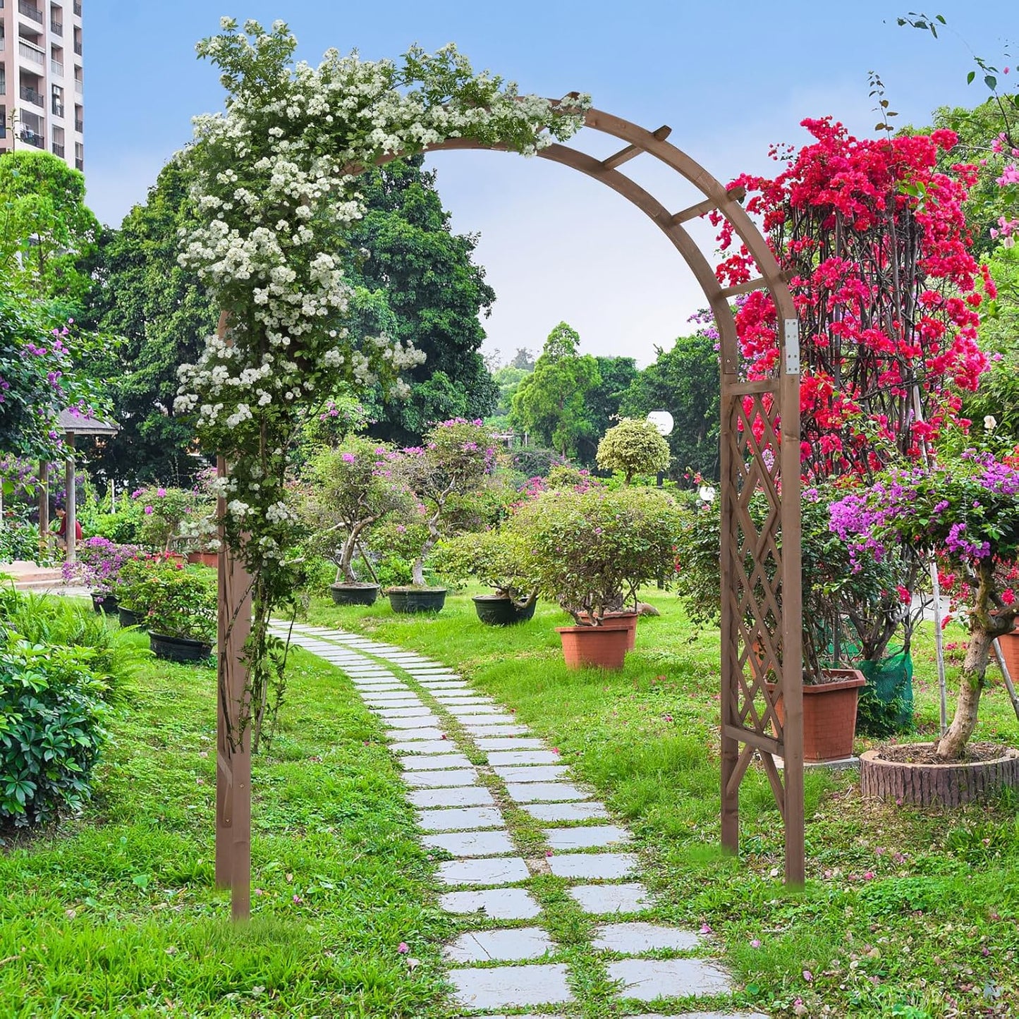 VINGLI Wooden Garden Arbor, Wedding Arch, 7ft Arch Backdrop Stand for Ceremony, Wood Trellis for Plant Climbing, Christmas Decor Pergola for Garden Backyard, Lawn