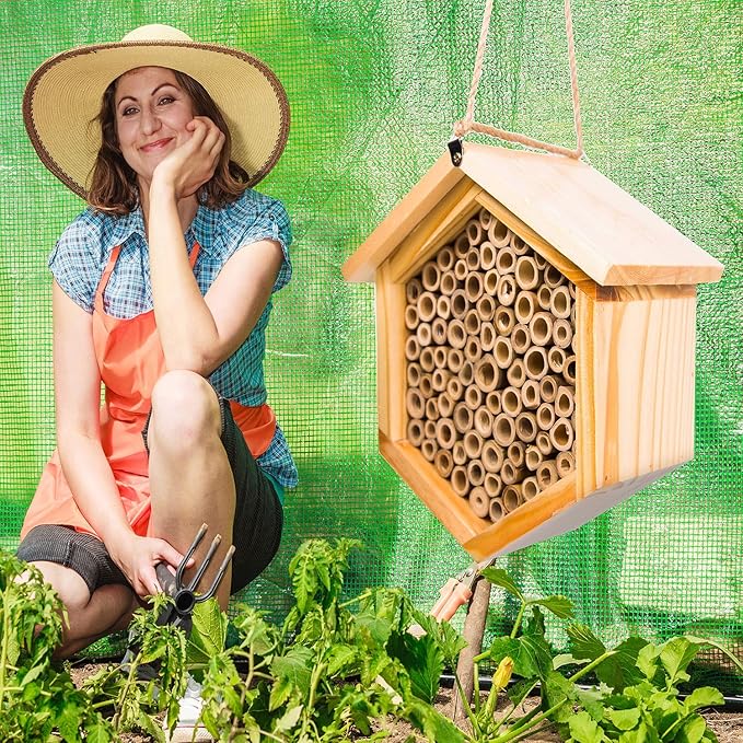 Mason Bee House Native Bee Hive Hexagon Bee House Handmade Wooden Mason Bee Box Habitat Home Hotel with Tubes -Attracts Peaceful Bee Pollinators to Enhance Your Garden's Productivity