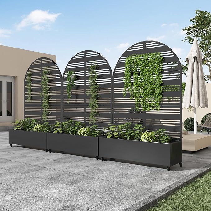 Casaphoria Metal Raised Garden Bed with Trellis and Wheels, 72"x47"x16" Arched Planter Box for Climbing Plants, Vegetables & Vines, Features Drainage Holes and Privacy Screen (Black-Harold)