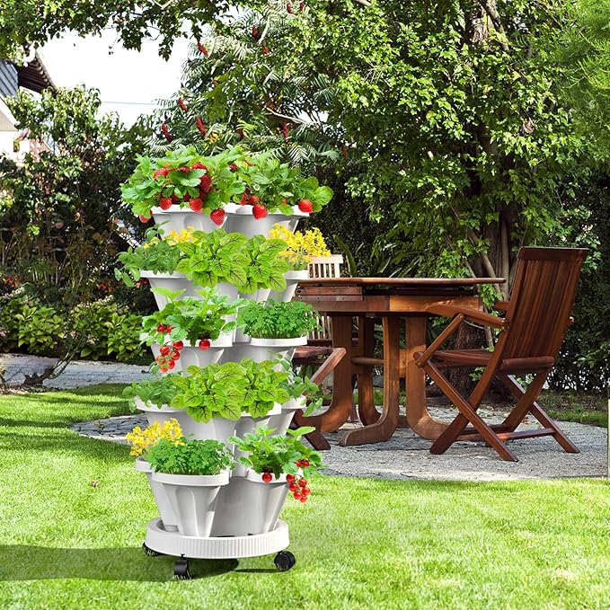 Strawberry Vertical Planter Tower Garden, 7 Tiered Stackable Planter Herb Garden Planter with Movable Casters and Bottom Saucer Indoor and Outdoor - White