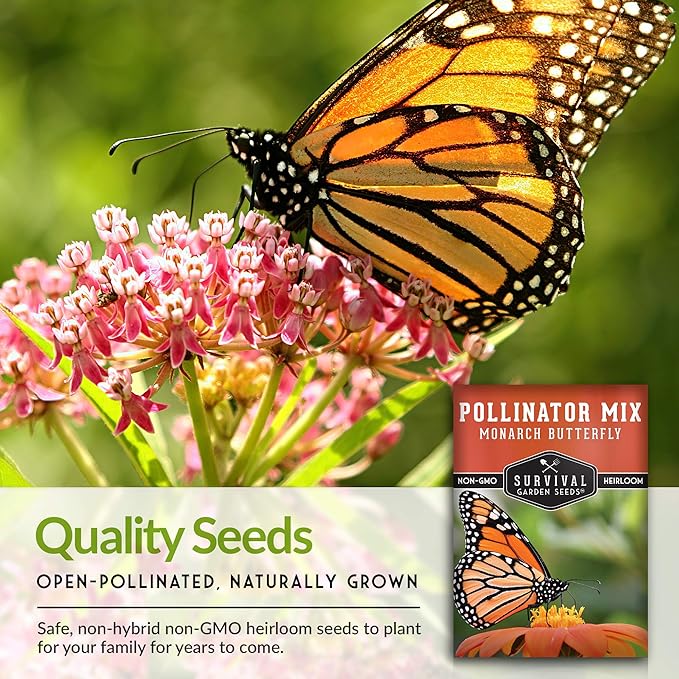 Pollinator Seed Mixture to Attract Monarch Butterflies, Bees & Pollinators - 1 Packet - Milkweed, Garden Flower, & Wildflower Mix for Planting - Support Conservation Efforts - Survival Garden Seeds