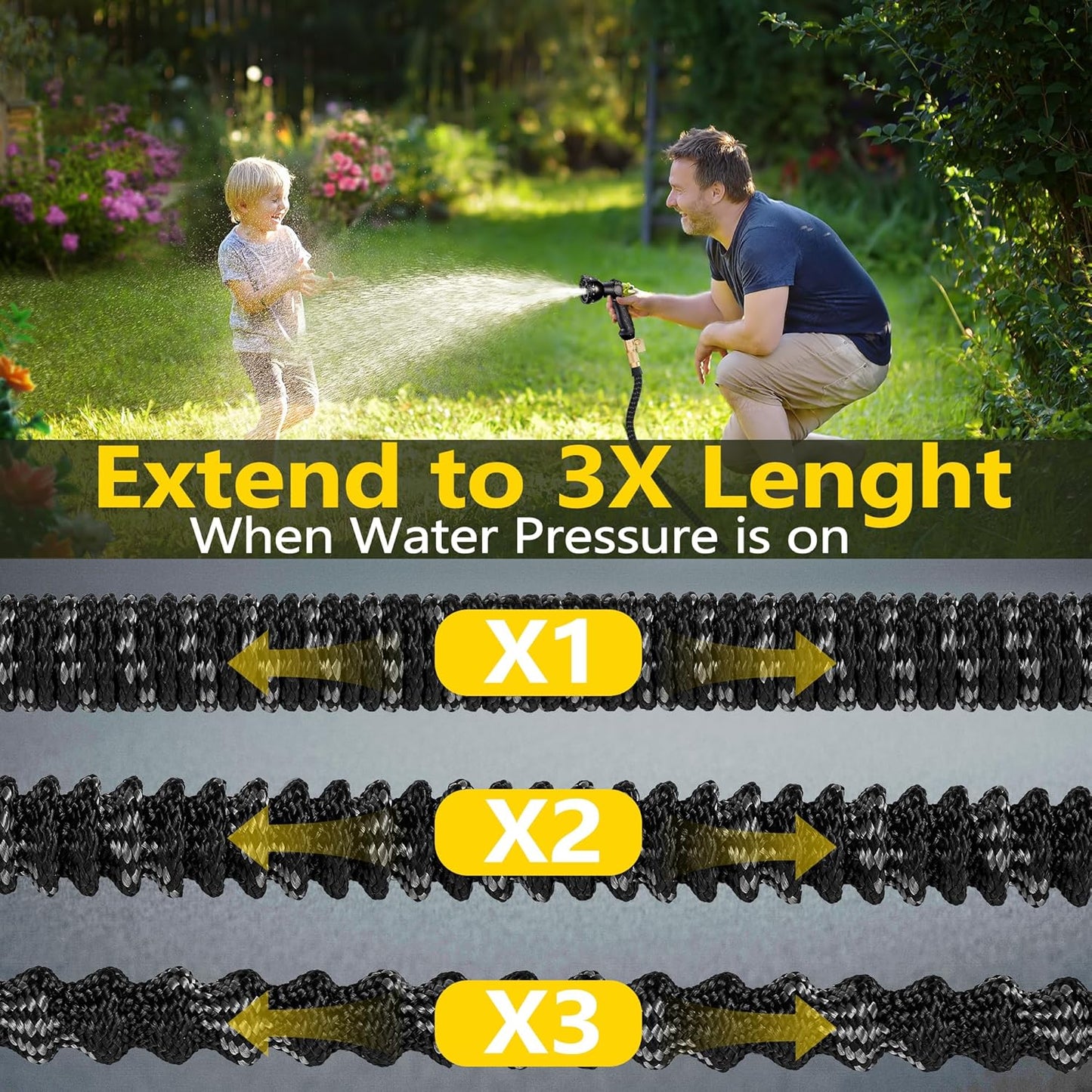 50 ft Expandable Garden Hose - Expanding Water Hose with 10 Spray Nozzles&3/4" Solid Brass Fittings - Retractable,Flexible，Lightweight No-Kink Free&Tangle Car Washing Pipe for Yard,Outdoor