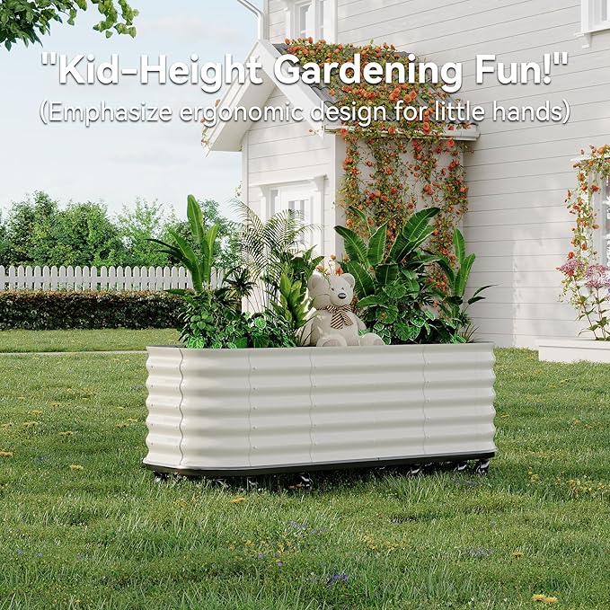 95x24x20 in Galvanized Raised Garden Bed with Wheels & Water Reservoir – Durable Outdoor Planter Box, Elevated Raised Beds for Gardening, Portable Garden Box for Indoor/Outdoor Plants,White