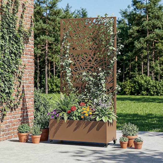 Casaphoria Metal Raised Garden Bed with Trellis and Wheels, 72"x35"x16" Planter Box for Climbing Plants, Vegetables & Vines, Features Drainage Holes and Privacy Screen, Brown-Net