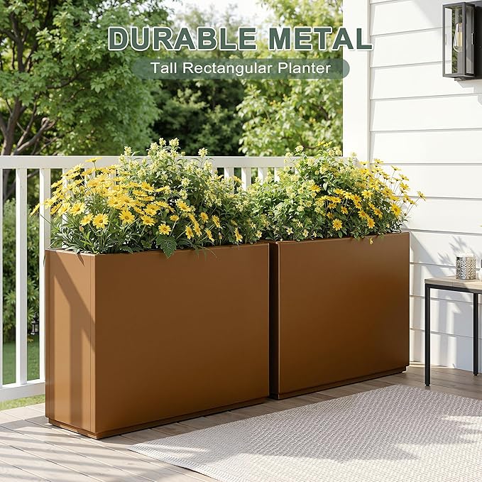 Tall Rectangular Planter Box, Metal Large Planters for Outdoor Plants, Flowers, with Drainage Holes (30" L x 12" W x 24" H, Brown)