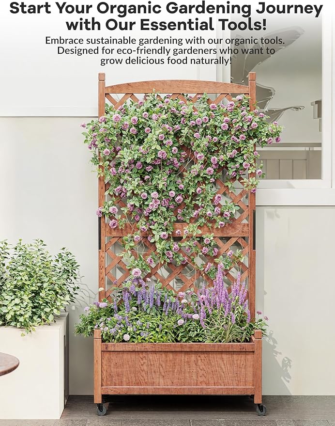 60 Inch Movable Raised Garden Bed with Trellis and Wheels, Wooden Freestanding Planter Box for Climbing Plants, Vegetables, Flowers, Outdoor & Indoor, Natural Fir Wood