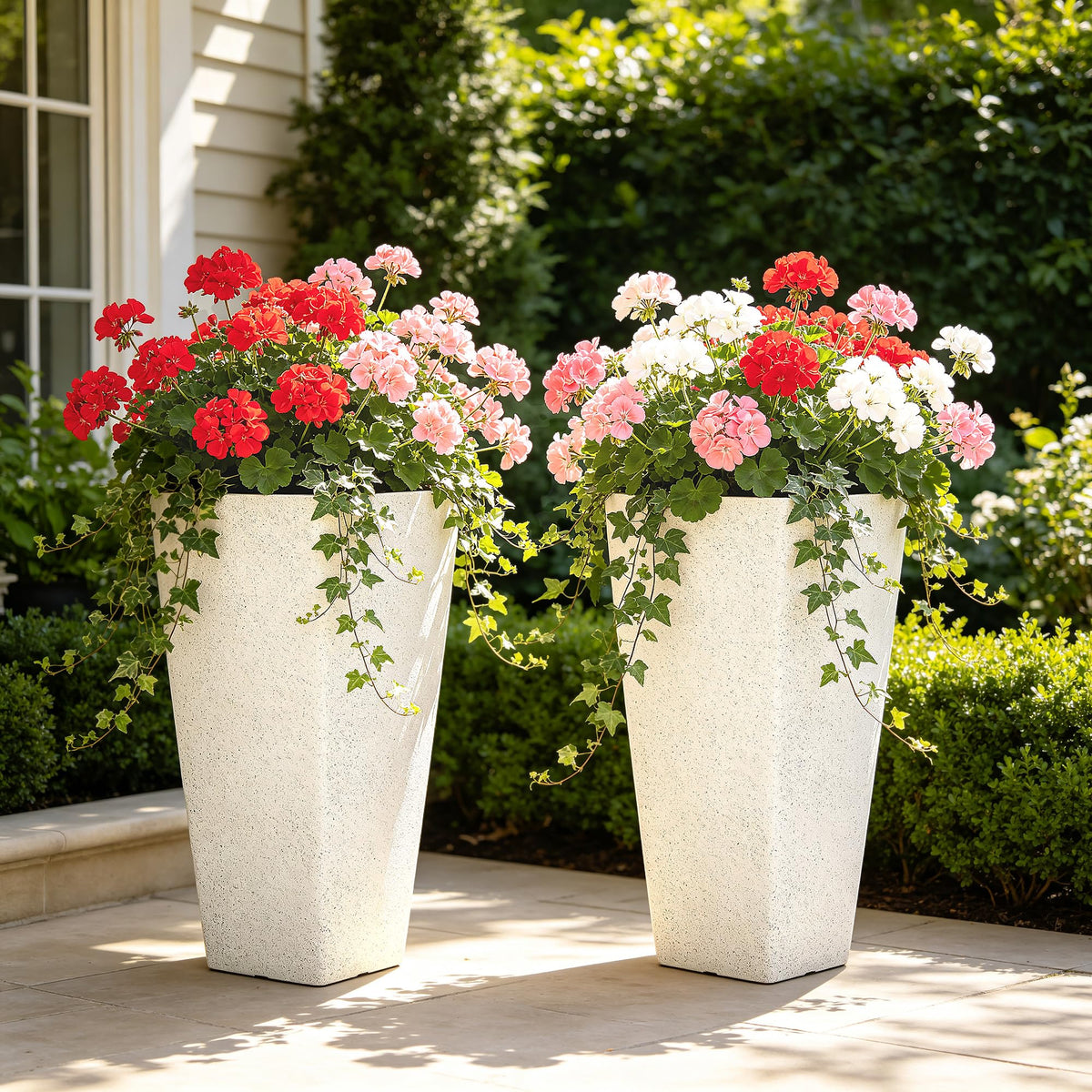 Autodaya 28" Plant Pots Tall Planters for Outdoor Plants Set of 2 with Tray (Tall Terrazzo White-28")
