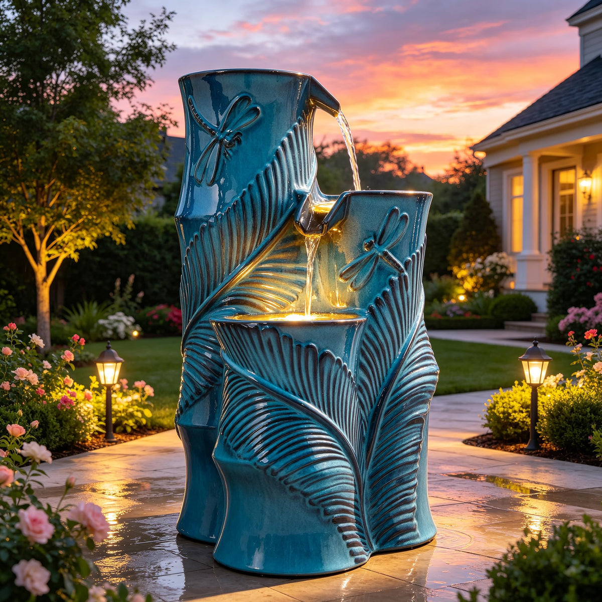 Autodaya Tropical Turquoise Ceramic Outdoor Water Fountain with Lights (25.5"h Bamboo-style Teal Blue)