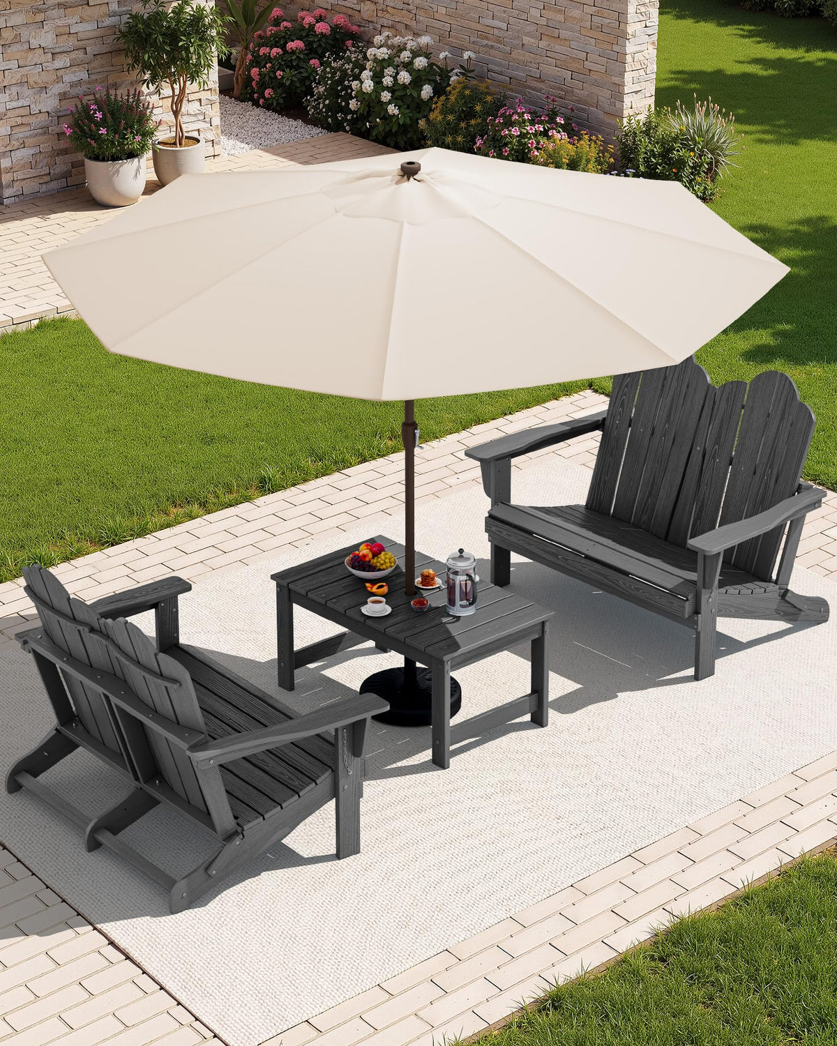 3 Piece Adirondack Bench Set (Grey / 2 bench & 1 coffee table)
