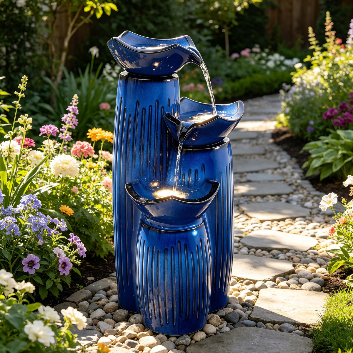 Autodaya 30" H Modern Ceramic Outdoor Water Fountain (Cobalt Blue Fluted-30"h)