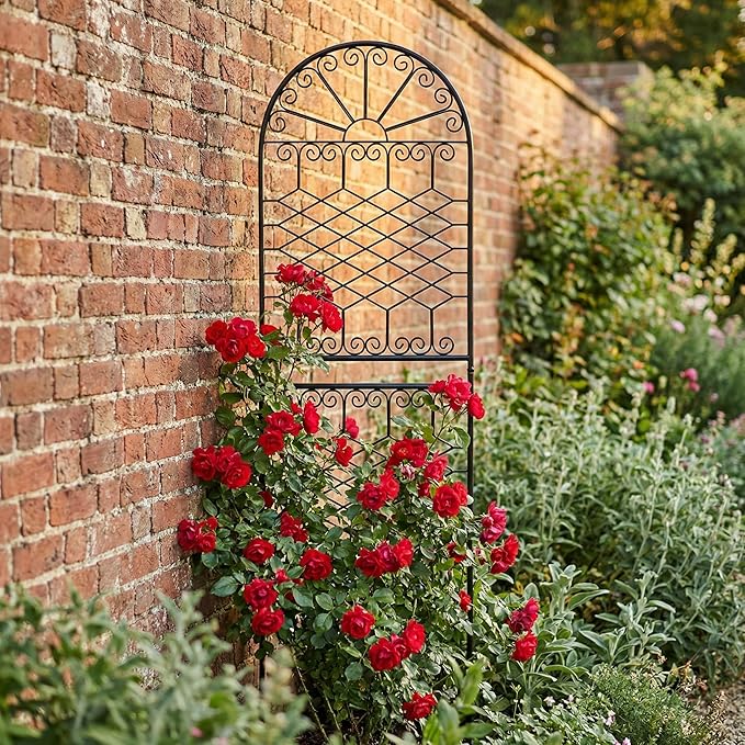 SCENDOR 70.8" H x 24.5" W Heavy-Duty Iron Garden Trellis, Arched Decorative Plant Support with Scrollwork, Rustproof Metal Trellis for Climbing Roses, Clematis, and Vines, for Lawn 1 Pack