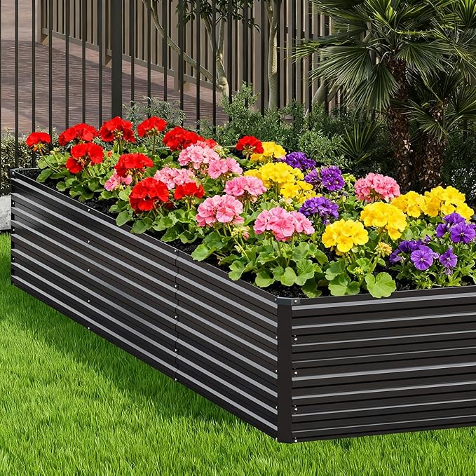 Vengarus 12x2x2FT Galvanized Raised Garden Bed Kit, Large Rectangle Elevated Planter for Vegetables, Flowers, Herbs and Succulents - 359 Gallon Capacity,Black