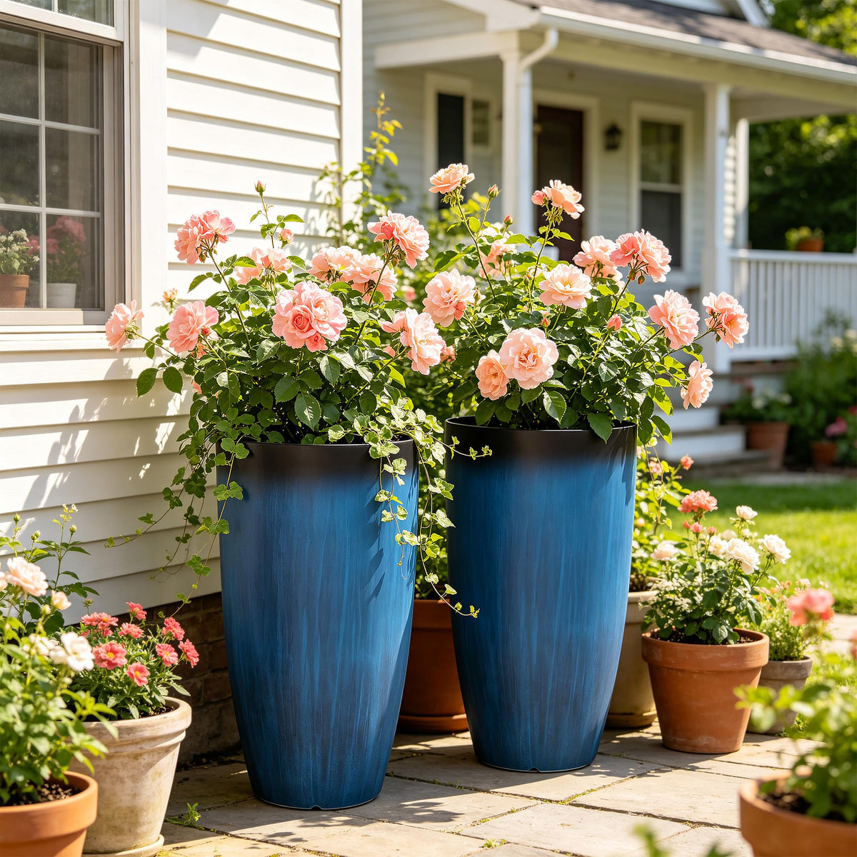24" Faux Ceramic Tall Planters for Outdoor Indoor Plants (2 Count)