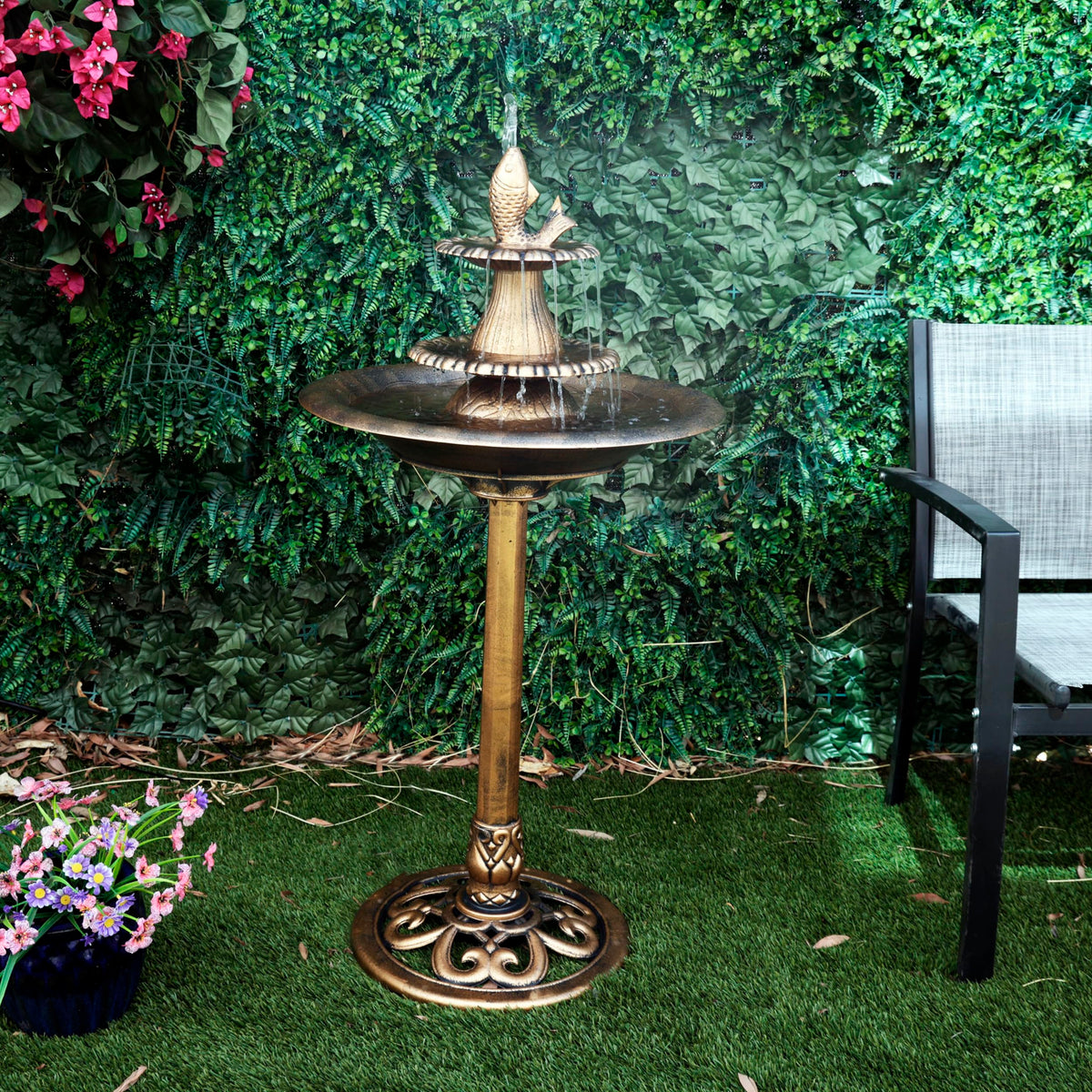 40" Tiered Pedestal Fish Fountain Birdbath (Gold)