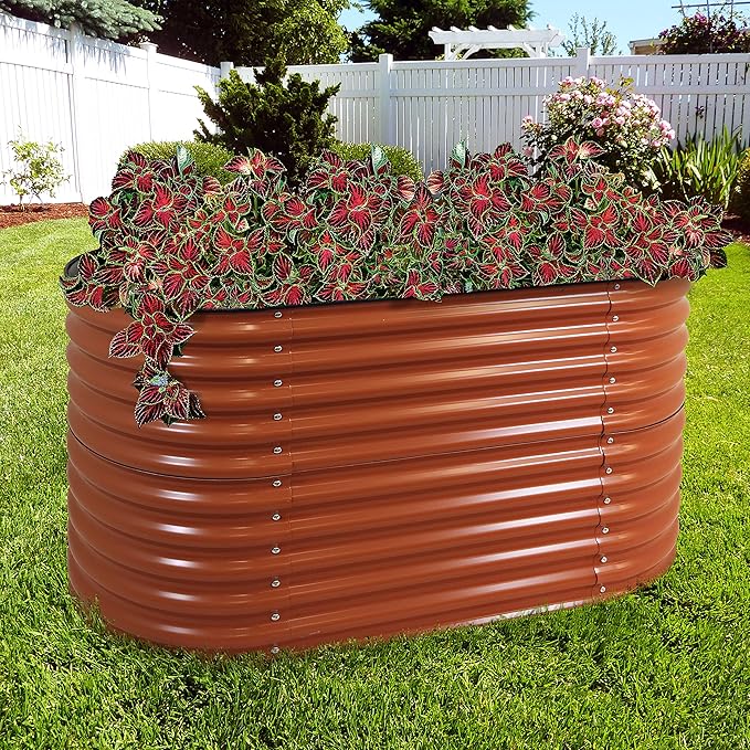 Sunnydaze 62.5-Inch Oval Raised Garden Bed Outdoor - Modular Raised Garden Bed with Rubber Edge Trim - Brown