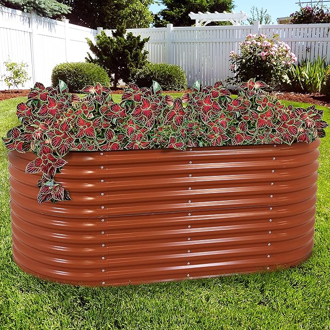Sunnydaze 79-Inch Oval Raised Garden Bed - Stackable Steel Vegetable Flower Bed Planter Kit with Rubber Edge Trim - Brown