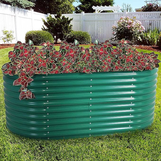 Sunnydaze 79-Inch Oval Raised Garden Bed - Stackable Steel Vegetable Flower Bed Planter Kit with Rubber Edge Trim - Green