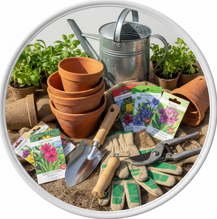 circle photo of garden supplies, make a real photo