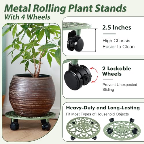 3 Packs 14 Inch Rolling Plant Stand with Wheels Metal Plant Caddy with Wheels Heavy Duty Round Plant Stand Indoor Iron Plants Rollers for Plants (14 inch: 3 pcs / Retro Green)
