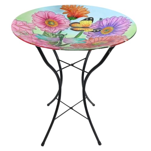 Spring Glass Birdbath Including Metal Stand Zinnias in Bloom For Spring Birdbath
