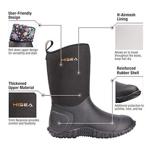 Women's Mid Calf Neoprene Rain Boots Roll Down Rubber Shoes