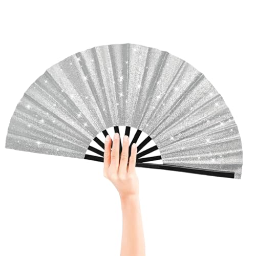 2 Pack Glitter Large Folding Hand Fans for Line Dancing (2 Silver)