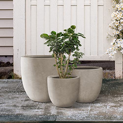 Set of 3 Weathered Concrete Bowl Round Planters for Modern Home (Weathered Concrete / 18"W + 14"W + 10"W)