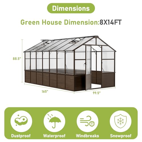 8x14 FT Wooden Walk in Polycarbonate Greenhouse for Outdoors (Brown / 8x14 FT)