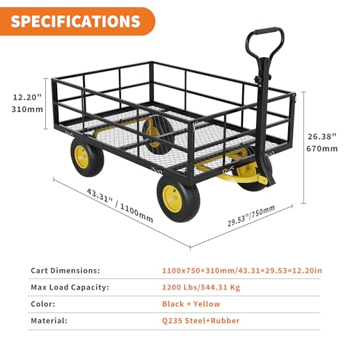 3-in-1 Heavy-Duty Steel Garden Cart, 1200 Lbs Garden Wagon, with 13 Inch All-Terrain Tires and Removable Mesh Side Panels, 180° Rotating Handle, Metal Multi-Function Carts, Outdoor Gardens Wagon Cart (Black + Yellow / 1200 Lb)