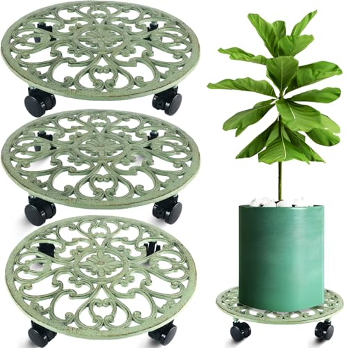 3 Packs 14 Inch Rolling Plant Stand with Wheels Metal Plant Caddy with Wheels Heavy Duty Round Plant Stand Indoor Iron Plants Rollers for Plants (14 inch: 3 pcs / Retro Green)