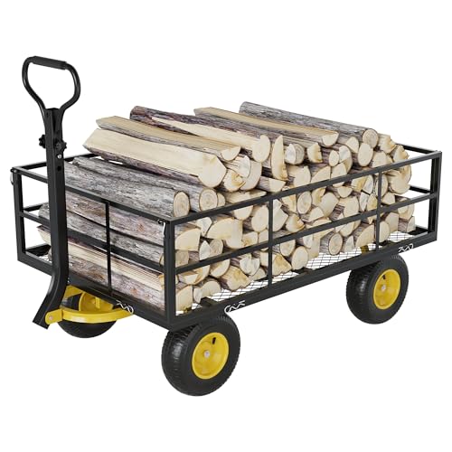 3-in-1 Heavy-Duty Steel Garden Cart, 1200 Lbs Garden Wagon, with 13 Inch All-Terrain Tires and Removable Mesh Side Panels, 180° Rotating Handle, Metal Multi-Function Carts, Outdoor Gardens Wagon Cart (Black + Yellow / 1200 Lb)