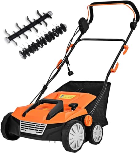 2-in-1 Electric Corded Lawn Dethatcher with 5 Cutting Heights, 15-Inch 13 Amp Electric Scarifier w/ 13.5 Gallon Collection Bag, 2 Removable Blades for Garden Yard