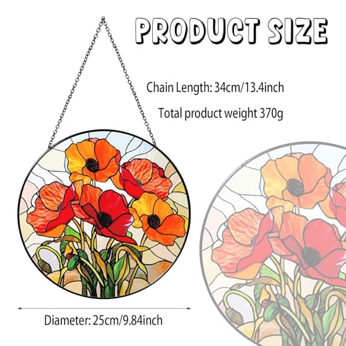 California Poppy Forest Sun Catcher 9.8'' Stained Glass Window Hanging Flower Lover Gifts for Women Red Poppy Kitchen Decor Suncatcher Decoration for Home Garden Housewarming Gifts (Poppy-02 / 9.8inch)