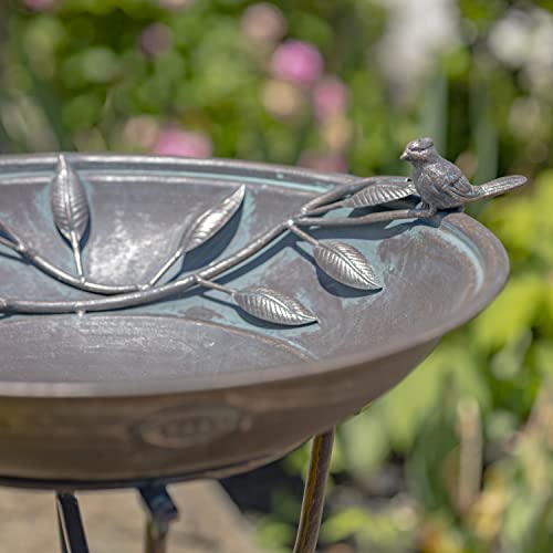 Deep Well Made Metal Birdbath with 2 Cast Iron Birds and Leaf Decoration