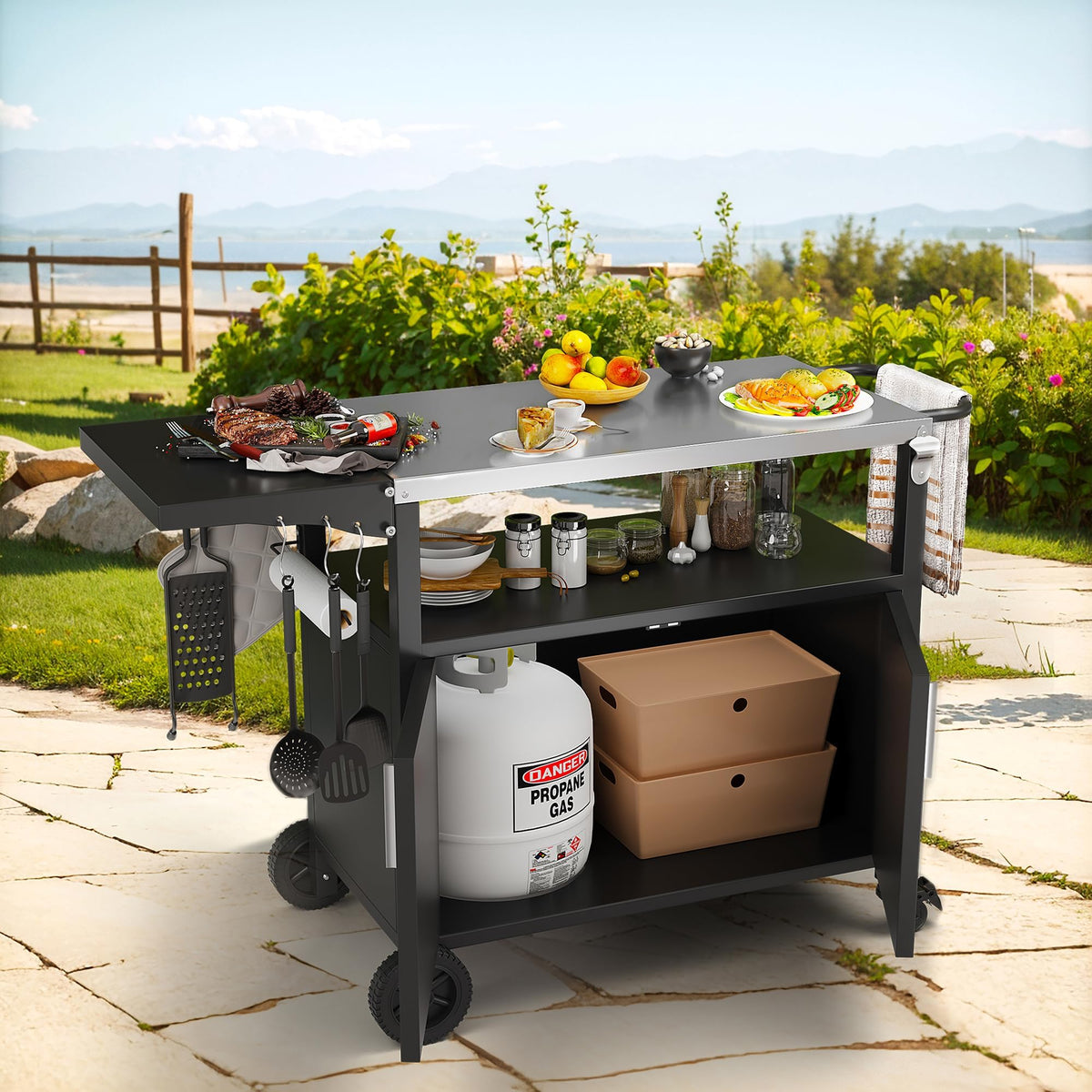 Outdoor Grill Cart Table with Stainless Steel Top for Kitchen Prep & BBQ (Black / 20 x 50 x 32.2 inches)