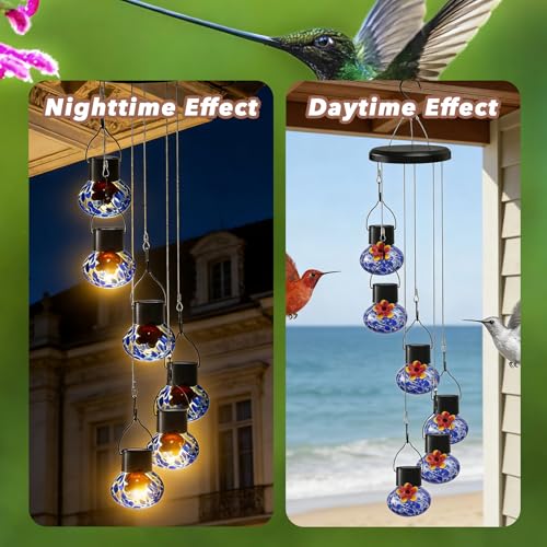Solar Powered Hummingbird Feeder with Wind Chime Elegance (ocean)