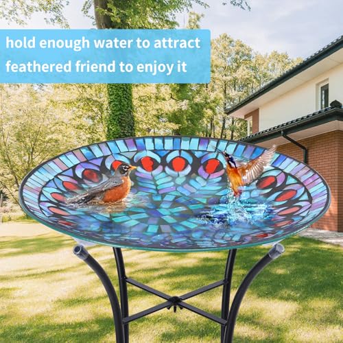 Mosaic Glass Bird Baths with Metal Stand for Garden Decor