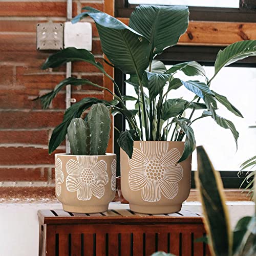 Ceramic Plant Pots (8+6 Inch / Modern Tan Floral)