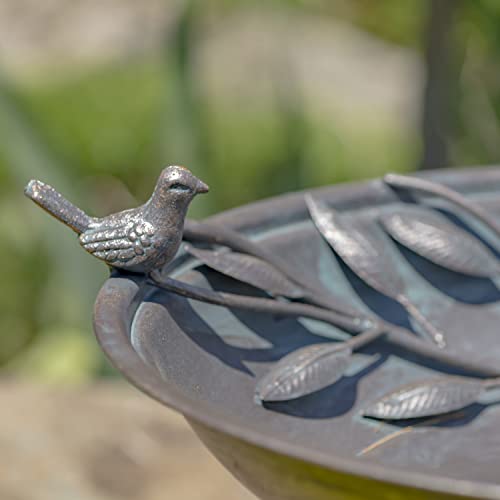 Deep Well Made Metal Birdbath with 2 Cast Iron Birds and Leaf Decoration