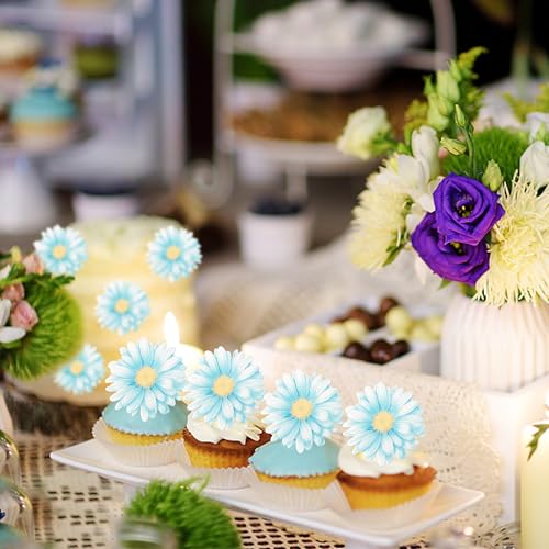 60 PCS Edible Daisy Cupcake Toppers Wafer Paper Daisy Cupcake Picks Edible Daisies Wildflower Birthday Party Decorations for Baby Shower Wedding Birthday Party Cake Food Decorations Supplies Blue (60 Count)