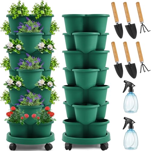 2 Set Dark Green 7 Tier Stackable Vertical Planters with Removable Wheels and Tools Tower Planters Strawberry Herb Flower Vegetable Pots Indoor Outdoor Gardening Pots (2 Count)